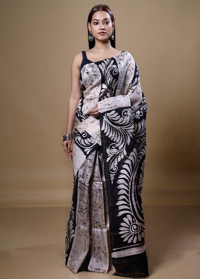 White Printed Pure Silk Saree Without Blouse Piece