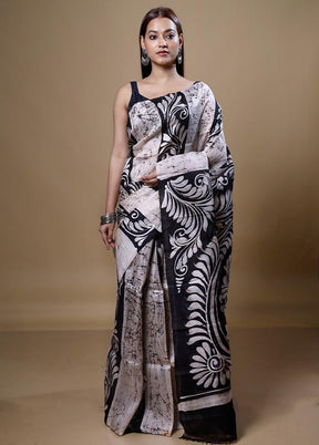 White Printed Pure Silk Saree Without Blouse Piece