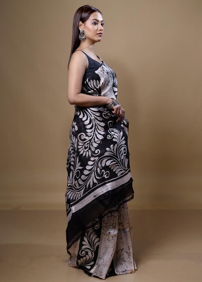 White Printed Pure Silk Saree Without Blouse Piece
