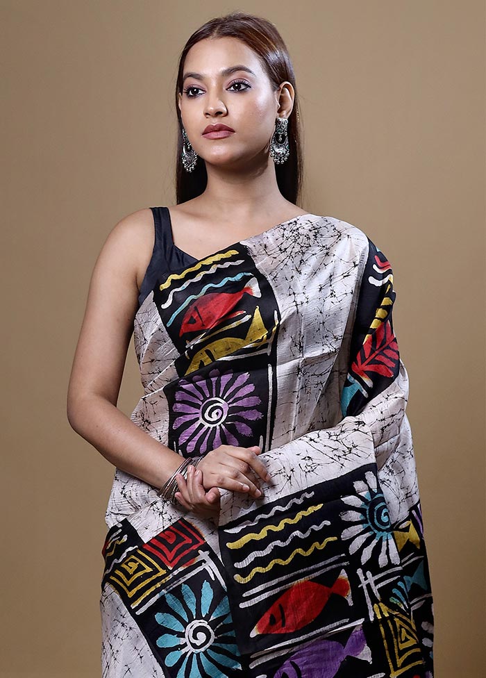 Black Printed Pure Silk Saree Without Blouse Piece