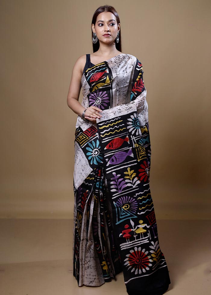 Black Printed Pure Silk Saree Without Blouse Piece