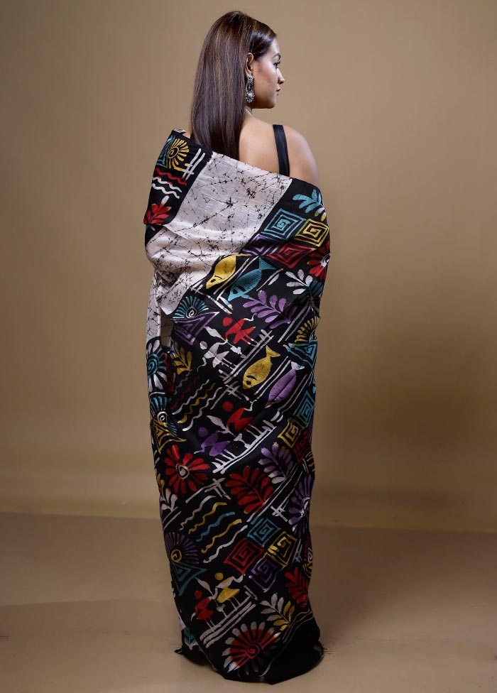 Black Printed Pure Silk Saree Without Blouse Piece