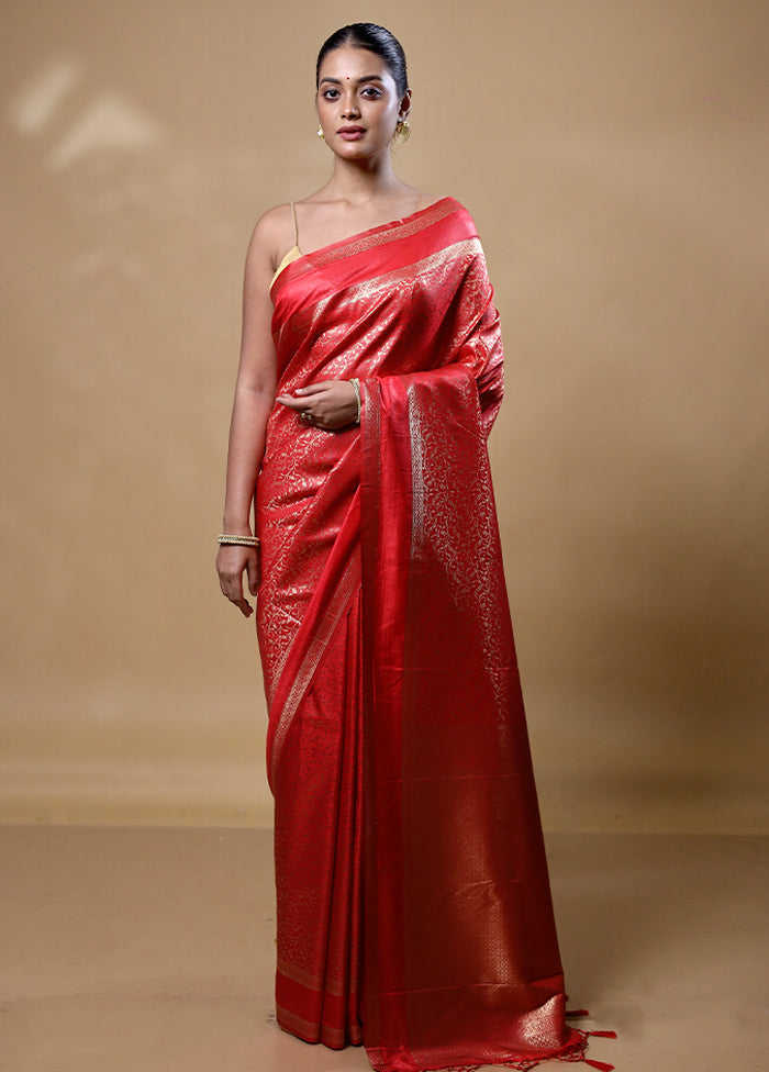 Red Dupion Silk Saree With Blouse Piece