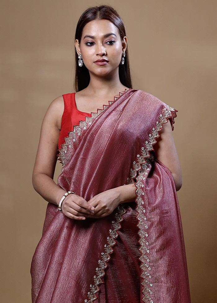 Maroon Crushed Tissue Silk Saree With Blouse Piece