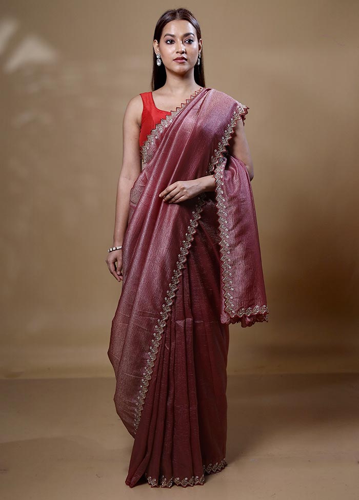 Maroon Crushed Tissue Silk Saree With Blouse Piece