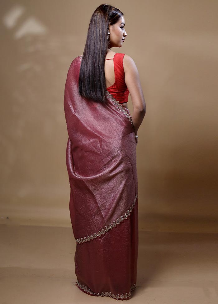 Maroon Crushed Tissue Silk Saree With Blouse Piece