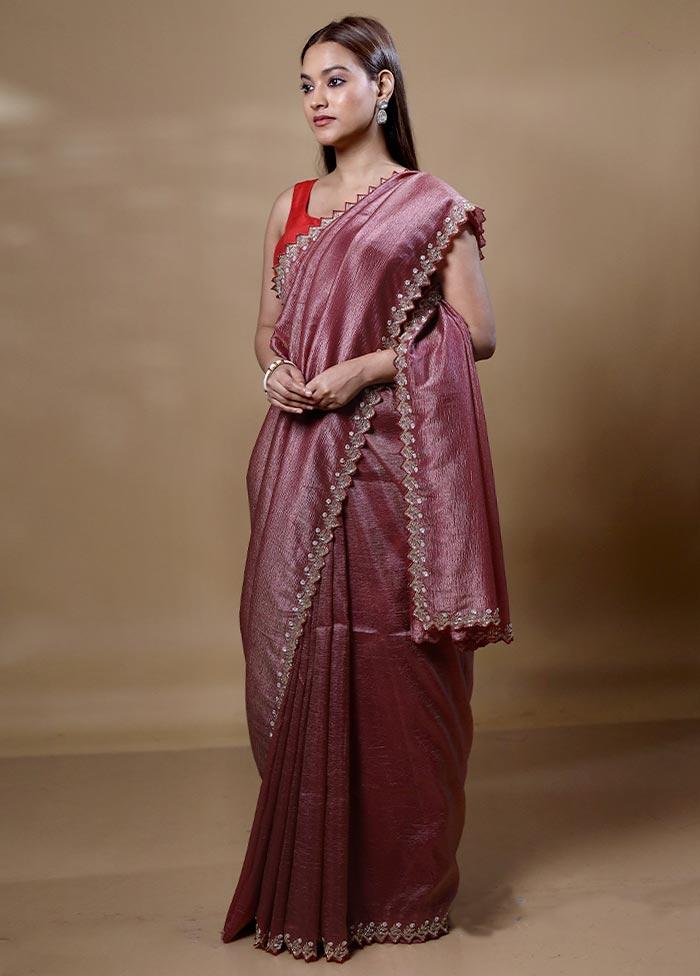 Maroon Crushed Tissue Silk Saree With Blouse Piece