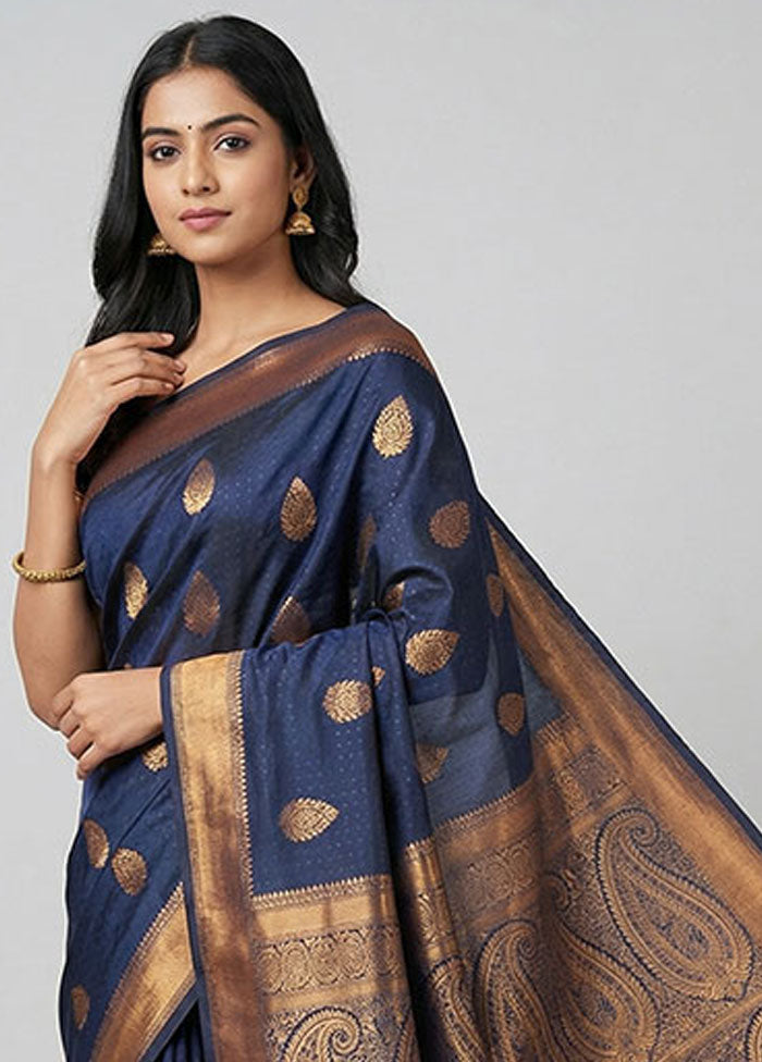 Blue Kanjivaram Silk Saree With Blouse Piece