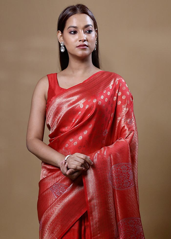 Red Dupion Silk Saree With Blouse Piece