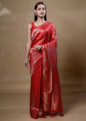 Red Dupion Silk Saree With Blouse Piece