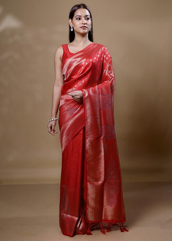 Red Dupion Silk Saree With Blouse Piece