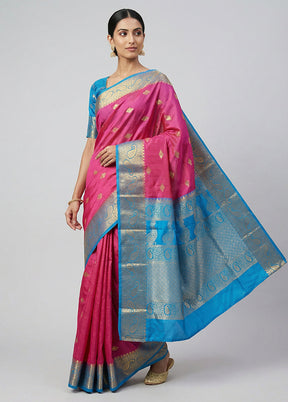 Pink Handloom Kanchipuram Pure Silk Saree With Blouse Piece