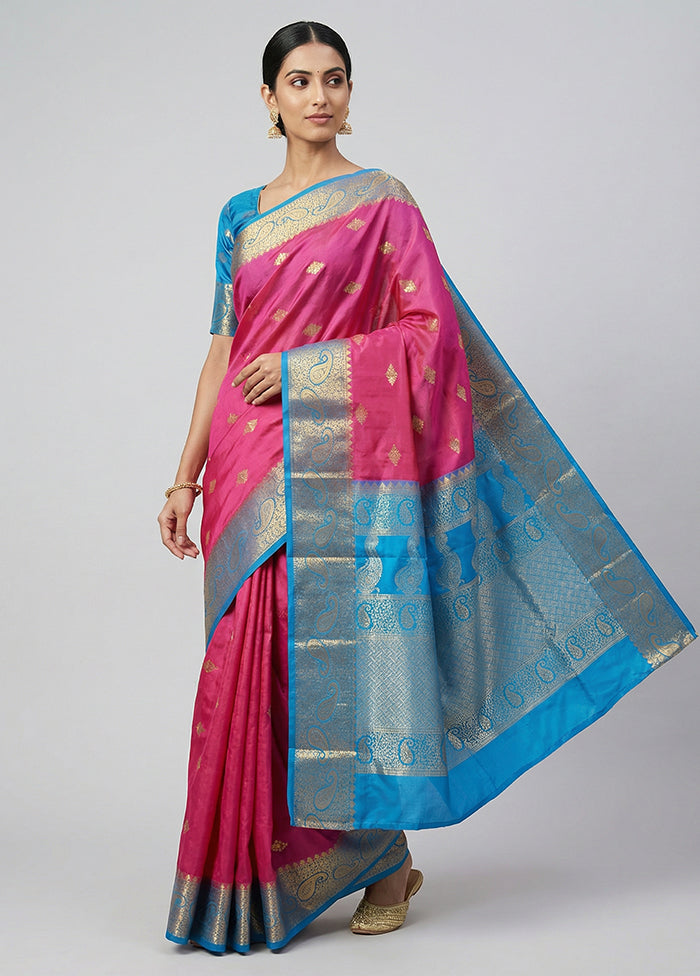 Pink Handloom Kanchipuram Pure Silk Saree With Blouse Piece