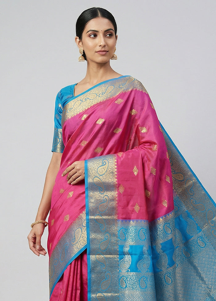 Pink Handloom Kanchipuram Pure Silk Saree With Blouse Piece