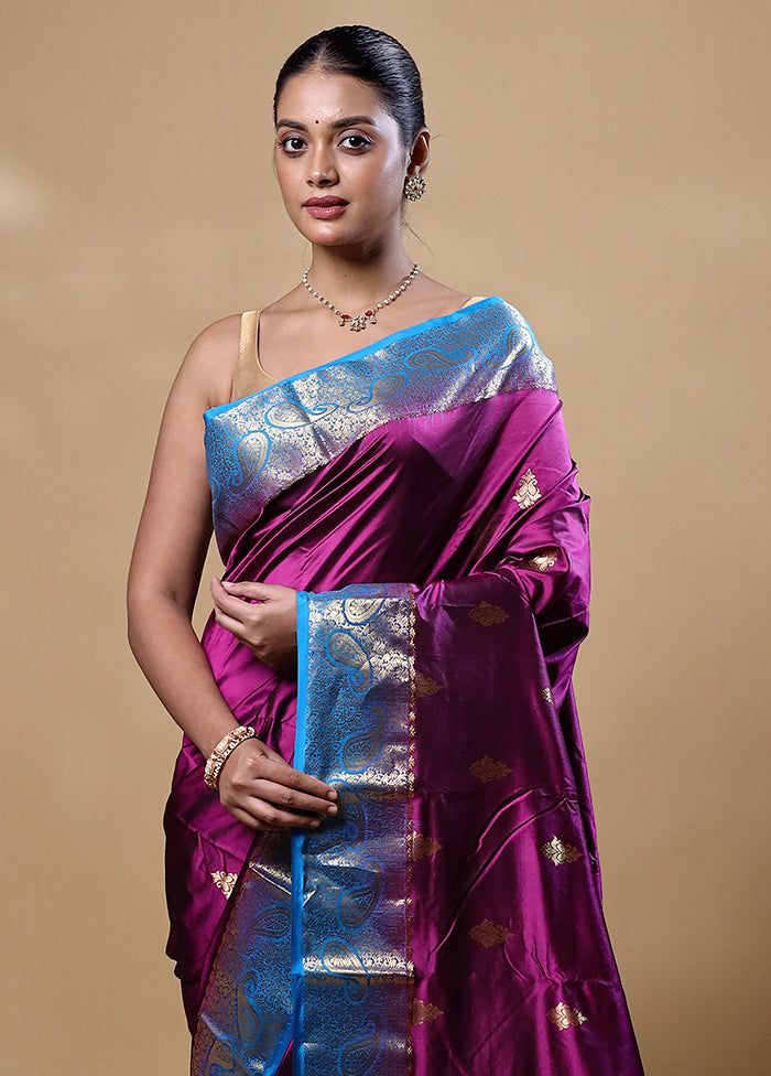 Purple Handloom Kanjivaram Pure Silk Saree With Blouse Piece