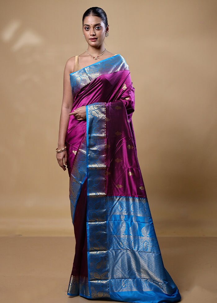 Purple Handloom Kanjivaram Pure Silk Saree With Blouse Piece