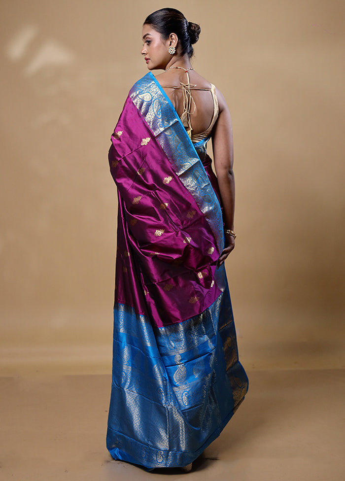 Purple Handloom Kanjivaram Pure Silk Saree With Blouse Piece