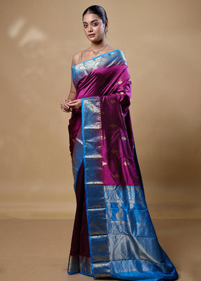 Purple Handloom Kanjivaram Pure Silk Saree With Blouse Piece