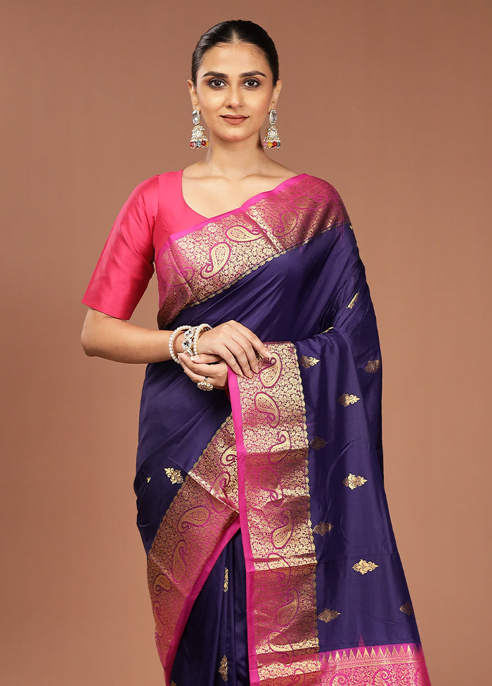 Purple Handloom Kanjivaram Pure Silk Saree With Blouse Piece
