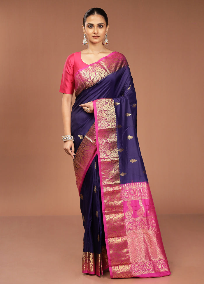 Purple Handloom Kanjivaram Pure Silk Saree With Blouse Piece
