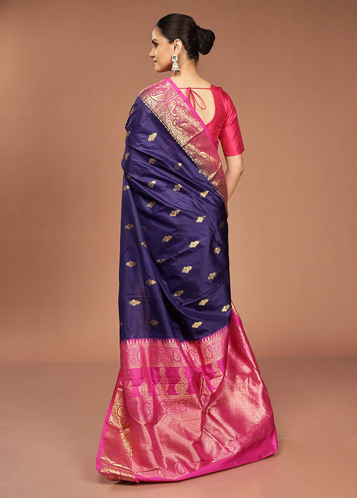 Purple Handloom Kanjivaram Pure Silk Saree With Blouse Piece