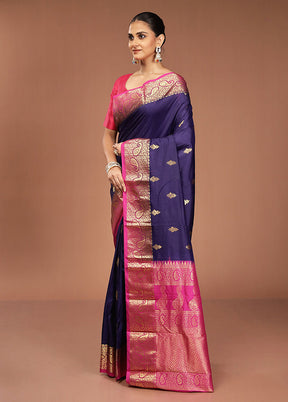 Purple Handloom Kanjivaram Pure Silk Saree With Blouse Piece