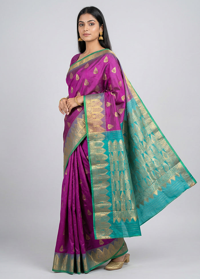 Purple Handloom Kanjivaram Pure Silk Saree With Blouse Piece