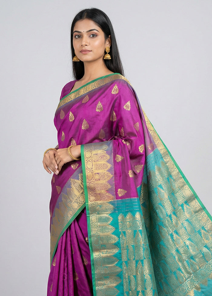 Purple Handloom Kanjivaram Pure Silk Saree With Blouse Piece
