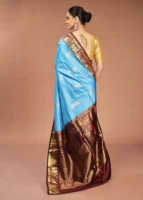 Blue Handloom Kanjivaram Pure Silk Saree With Blouse Piece