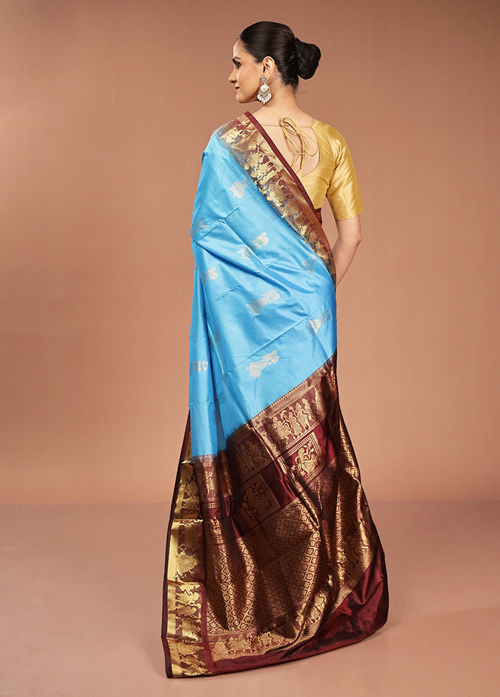 Blue Handloom Kanjivaram Pure Silk Saree With Blouse Piece