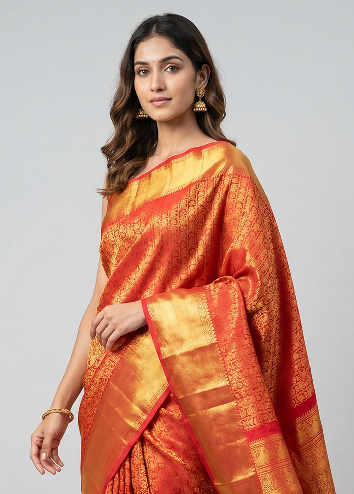 Red Handloom Kanchipuram Pure Silk Saree With Blouse Piece