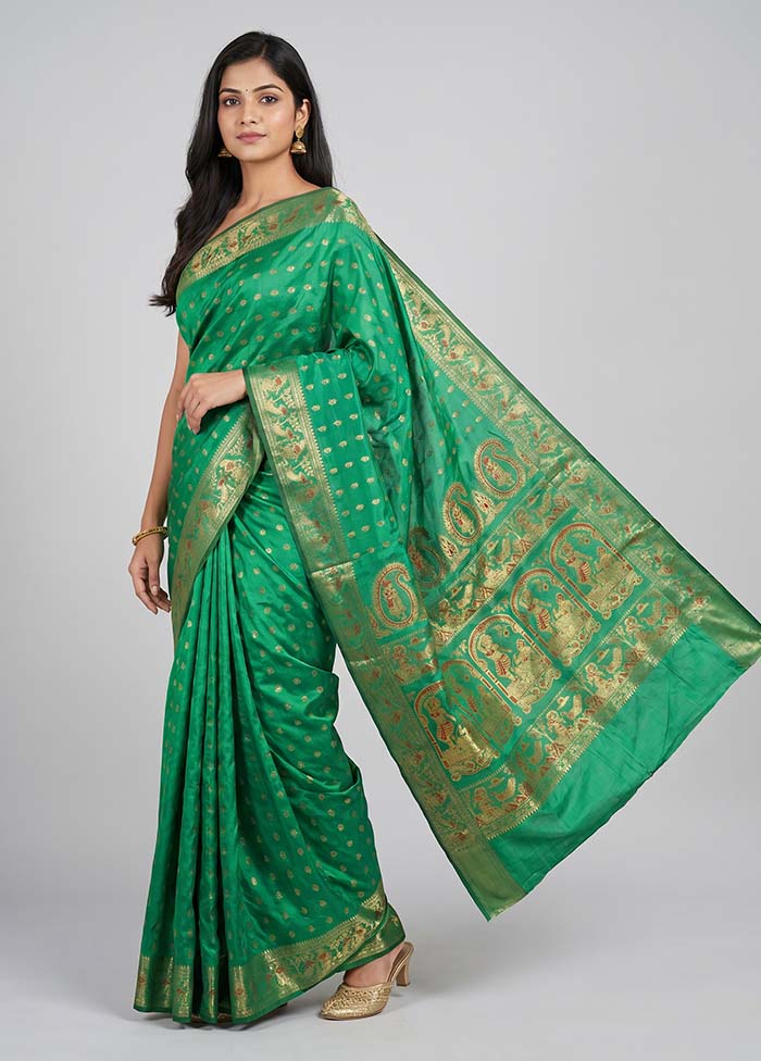 Green Handloom Baluchari Pure Silk Saree With Blouse Piece