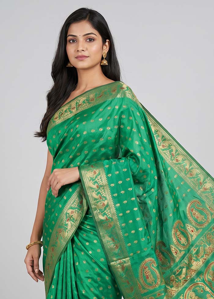 Green Handloom Baluchari Pure Silk Saree With Blouse Piece