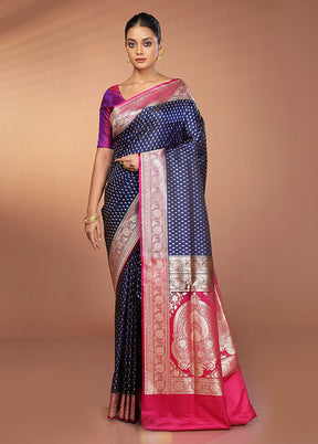 Blue Banarasi Silk Saree With Blouse Piece