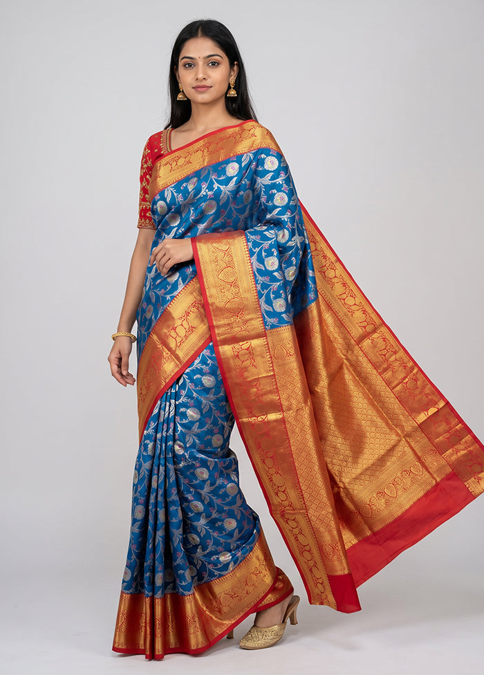 Blue Handloom Kanchipuram Pure Silk Saree With Blouse Piece