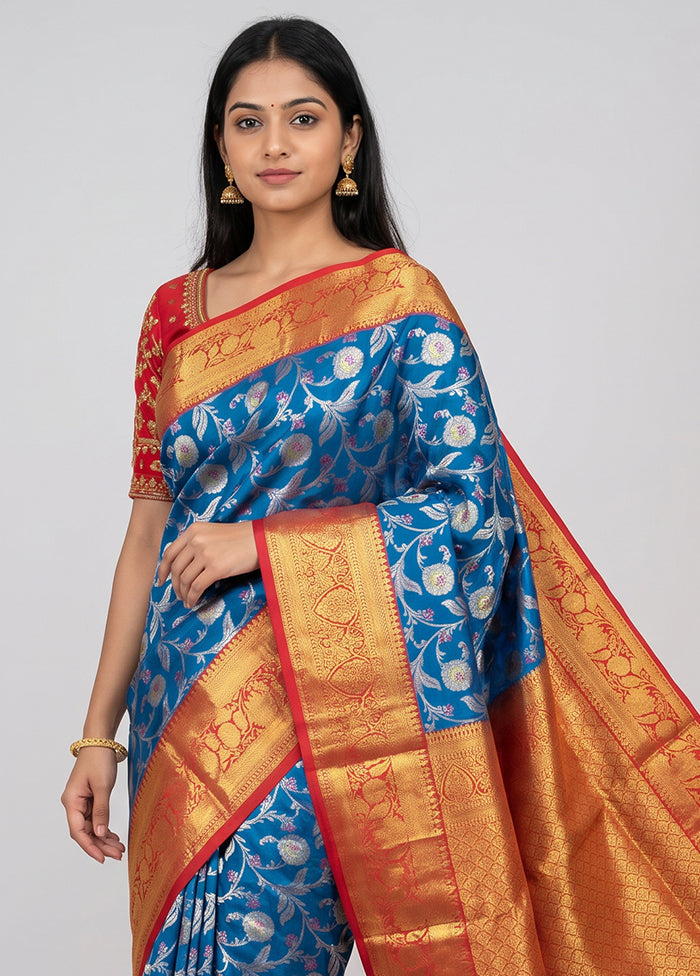 Blue Handloom Kanchipuram Pure Silk Saree With Blouse Piece