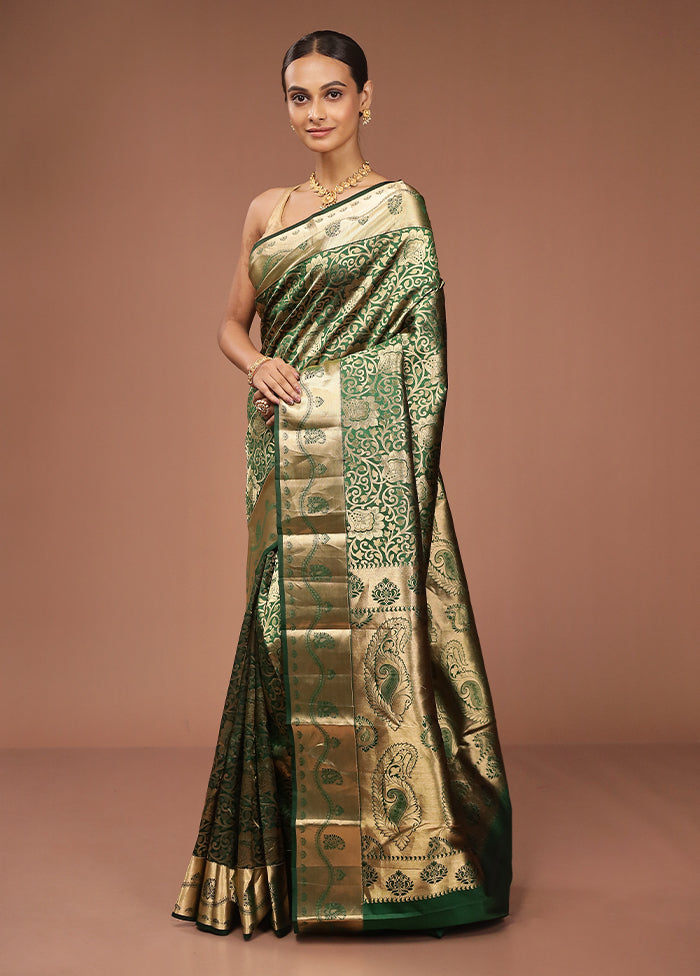 Green Handloom Kanjivaram Pure Silk Saree With Blouse Piece