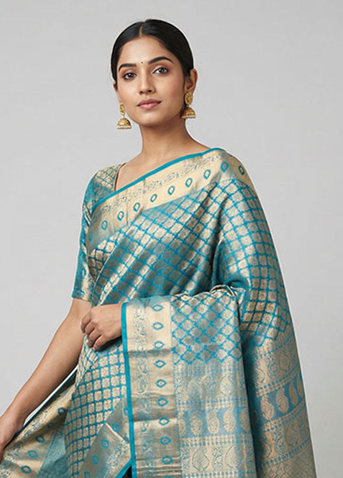 Blue Handloom Kanchipuram Pure Silk Saree With Blouse Piece
