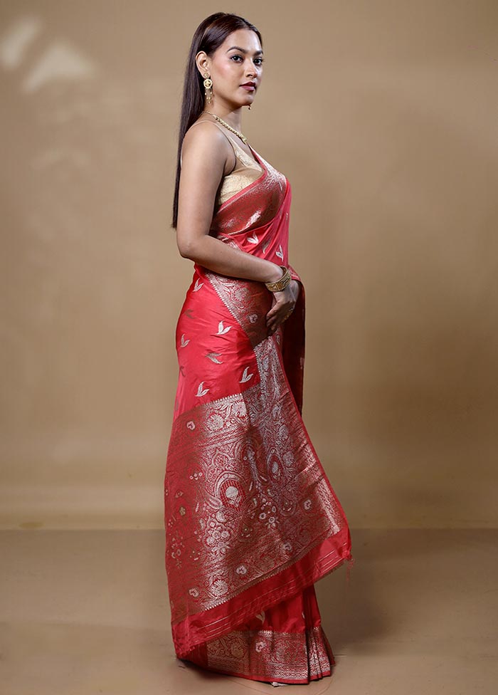 Red Dupion Silk Saree With Blouse Piece