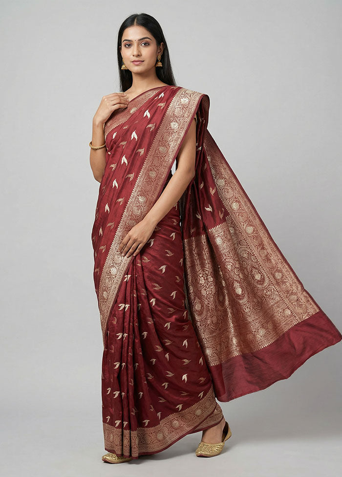Maroon Dupion Silk Saree With Blouse Piece