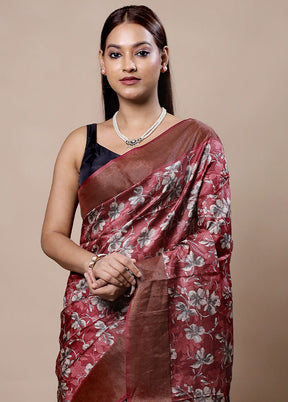 Maroon Tussar Silk Saree With Blouse Piece