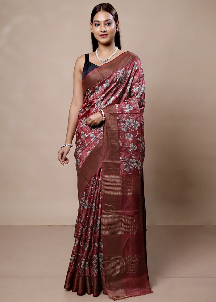 Maroon Tussar Silk Saree With Blouse Piece