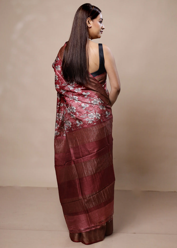 Maroon Tussar Silk Saree With Blouse Piece