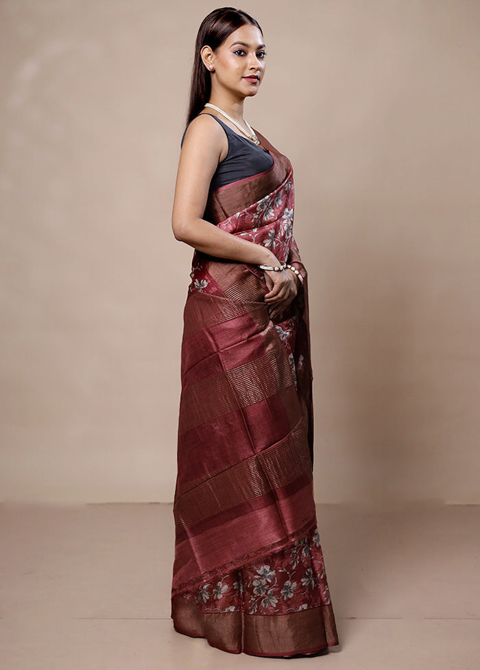 Maroon Tussar Silk Saree With Blouse Piece