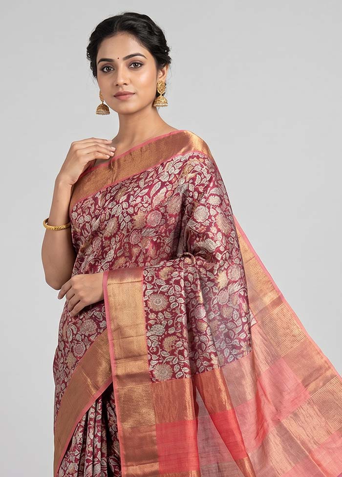 Red Tussar Silk Saree With Blouse Piece