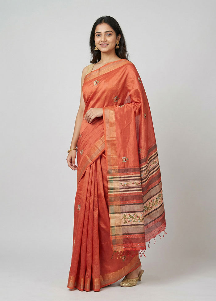 Red Handloom Tussar Pure Silk Saree With Blouse Piece