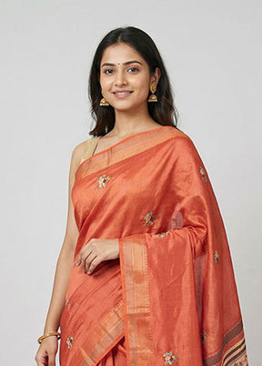 Red Handloom Tussar Pure Silk Saree With Blouse Piece