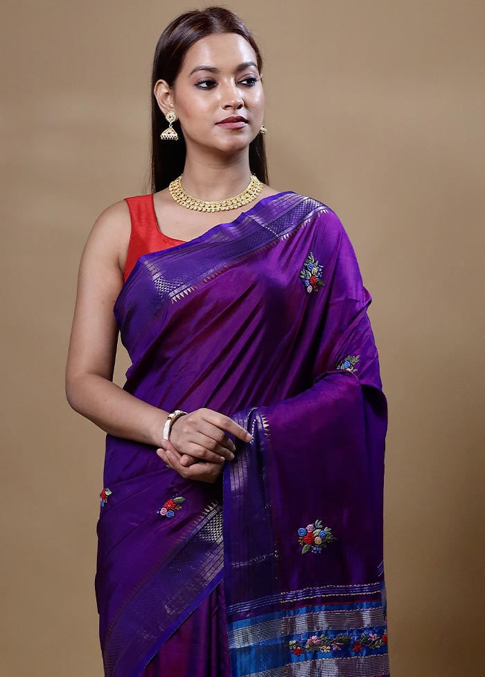 Purple Handloom Tussar Pure Silk Saree With Blouse Piece