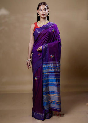 Purple Handloom Tussar Pure Silk Saree With Blouse Piece