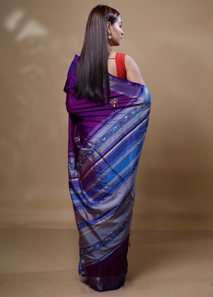Purple Handloom Tussar Pure Silk Saree With Blouse Piece